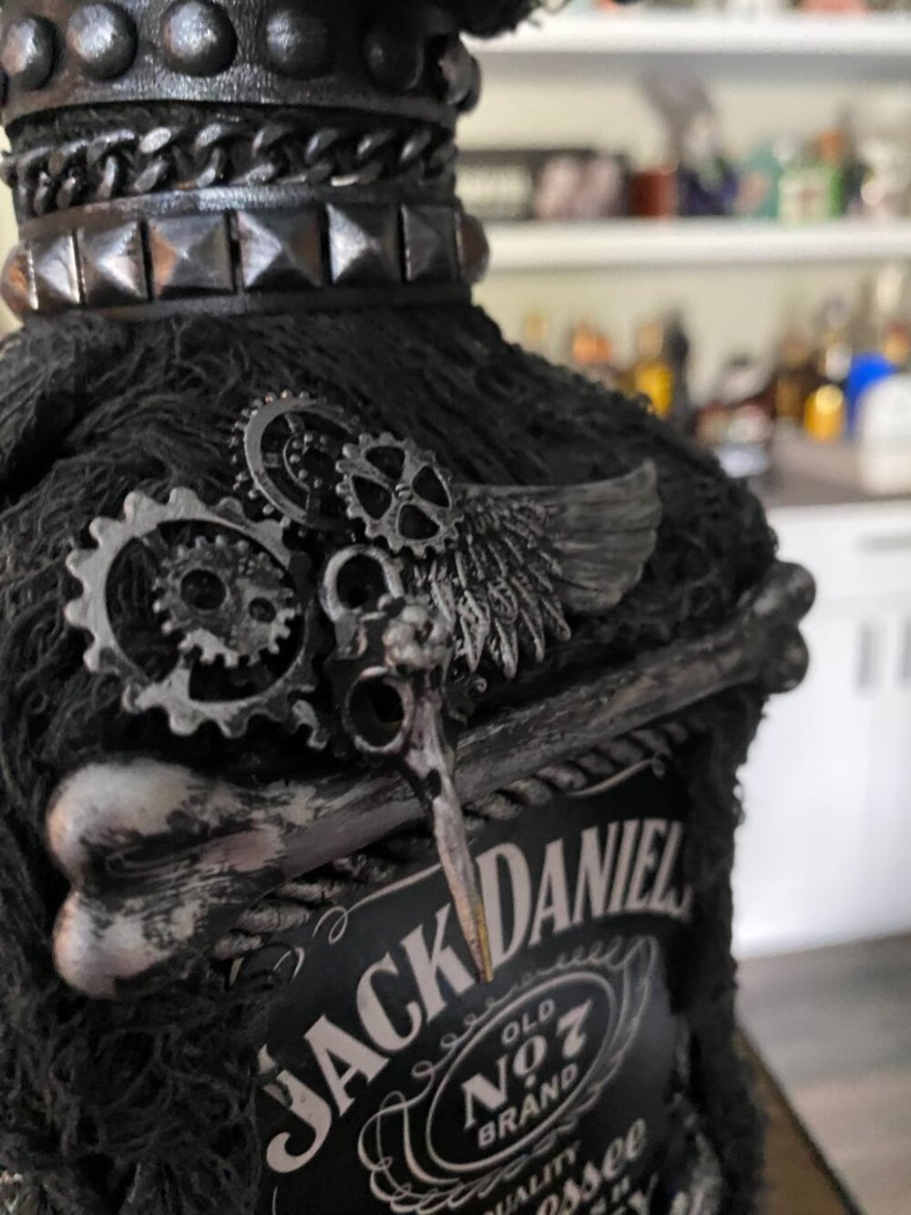 Steampunk, Goth/Skeleton-Style Upcycled Jack Daniels Bottle - Picture 7 of 7
